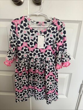 Pink & Black Soccer-Print Ruffle Sleeve Girls' Dress